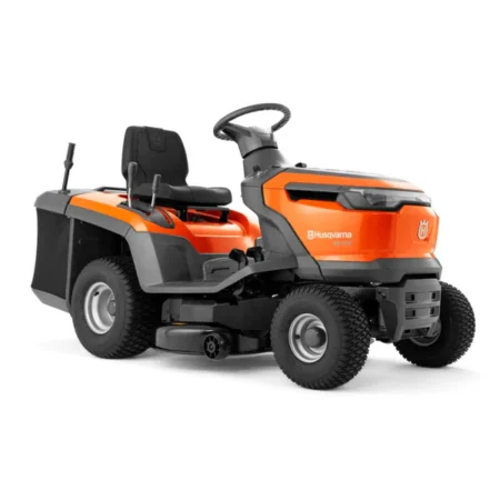 Tracteur tondeuse Husqvarna TC 112, compact et maniable, avec ramassage arrière souple et aéré, idéal pour pelouses de petite à moyenne surface
