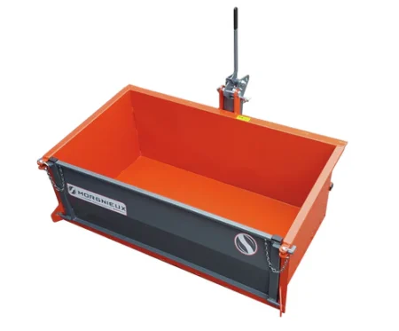 Benne de transport MORGNIEUX BA 270 L, caisse mécano-soudée robuste, vidange manuelle depuis le siège, porte arrière amovible, pour sable, gravier ou bois