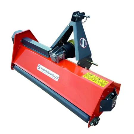 Broyeur à fléaux MORGNIEUX BME monté sur micro-tracteur, avec déport manuel, rotor à fléaux Y et rouleau arrière réglable pour vergers et prairies