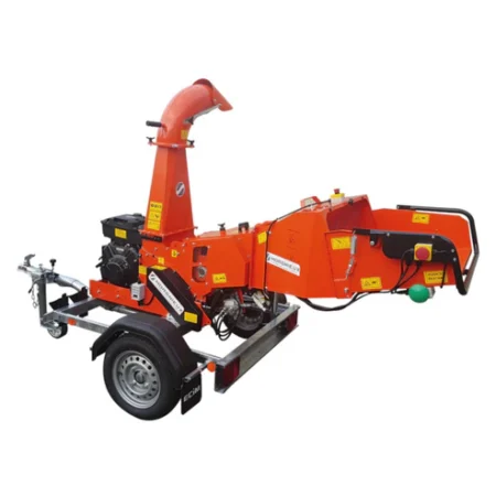 Broyeur de branches MORGNIEUX SB120-R23V sur remorque, moteur 23 CV, trémie pliable et rouleau ameneur hydraulique, conçu pour branches jusqu’à 120 mm