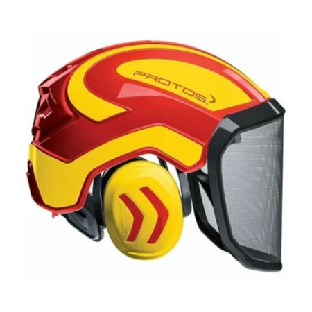 Casque sécurité intégral PROTOS® Integral Forest PFANNER rouge/jaune avec visière grillagée et coquilles anti-bruit pour professionnels des espaces verts