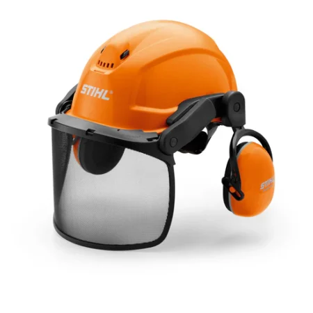 Casque STIHL Dynamic Ergo avec visière grillagée en nylon et coquilles anti-bruit pour protection auditive et faciale
