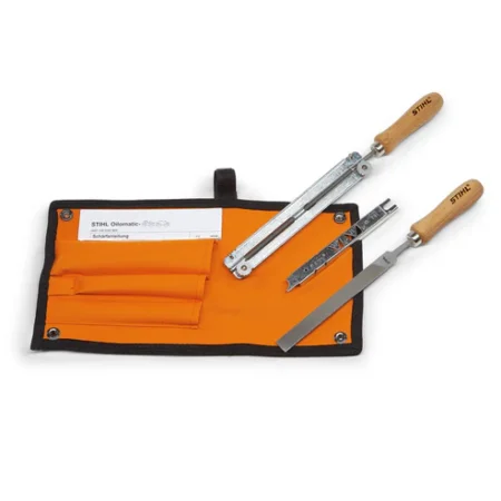 Kit d’affûtage STIHL avec porte lime, lime ronde et gabarit, pochette textile avec passant ceinture pour chaînes de tronçonneuses