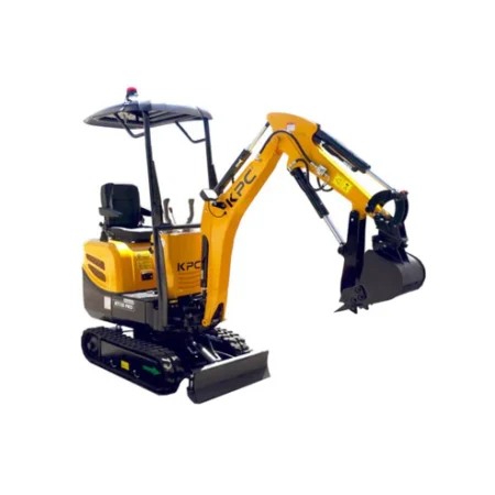 Mini-pelle KPC Warehouse KT12SD Pro de 1,2 tonne avec 3 godets, châssis réglable et cabine de protection, idéale pour terrassement, aménagement paysager et démolition légère.