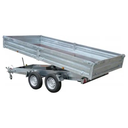 Remorque benne LIDER 39614 PE double essieux PTAC 3,5 t avec pompe électrique, plancher bois lisse et caisse basculante galvanisée pour transport sécurisé de charges lourdes.