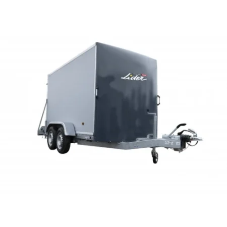 Remorque fourgon LIDER 42960 PTAC 1350 kg freinée avec porte-pont et caisse fermée pour transport sécurisé et protection des charges contre intempéries et vol.
