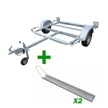 Remorque porte-motos LIDER 39420 PTAC 500 kg avec 2 rails et arceau pour transporter deux motos en toute sécurité et maniabilité.