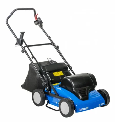 Scarificateur électrique STAUB SC 382 E, 15 couteaux fixes, largeur 38 cm, guidon pliable, bac de ramassage optionnel 40 L, entretien pelouse jusqu’à 800 m²