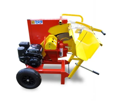 Scie circulaire à bois thermique RABAUD XYLOSCIE 600 M avec lame 600 mm, chevalet basculant et roues gonflables pour usage extérieur