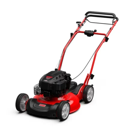 Tondeuse mulching thermique SABO JS-63/53M VARIO sur pelouse avec guidon réglable et châssis aluminium