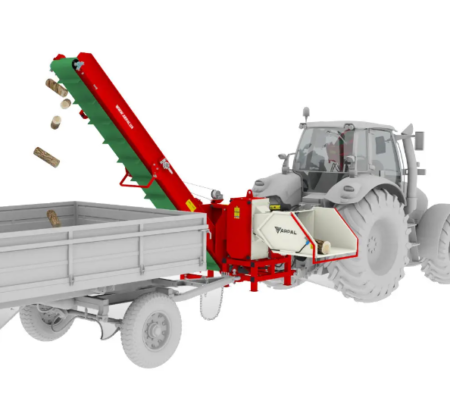 Broyeur de bois AM-200TR-K tracteur avec tapis roulant en fonctionnement