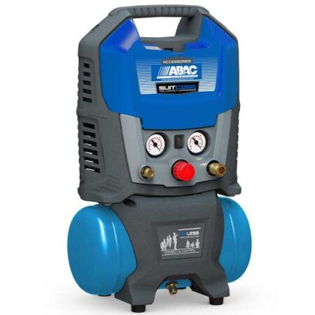 Compresseur ABAC SUITCASE 6L oil-less portatif monophasé avec moteur 1,5 CV pour gonflage pneus et outils pneumatiques.