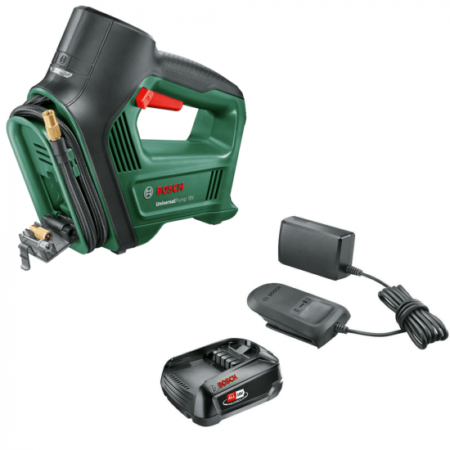 Compresseur à batterie Bosch Universal Pump 18V 2Ah portable pour gonflage pneus et équipements domestiques.