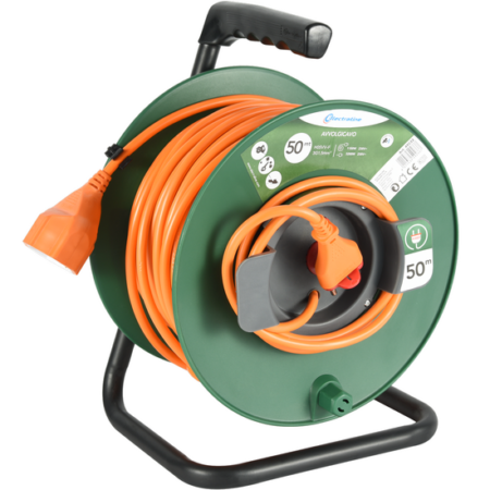 Enrouleur Electraline 50 m 3 fils 1,5 mm² avec prise universelle, idéal pour installations électriques longues et sécurisées