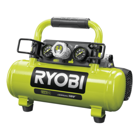 Compresseur portable Ryobi 18V sans batterie ni chargeur, léger et facile à transporter pour gonflage pneus et équipements.