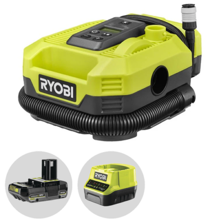 Compresseur à batterie Ryobi 18V 2Ah portable avec accessoires pour gonflage pneus et équipements.