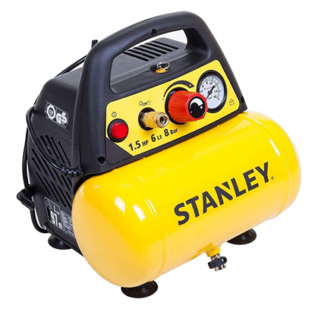 Compresseur Stanley DN 200/8/6 6L oil-less portatif monophasé avec moteur 1,5 CV pour gonflage pneus et outils pneumatiques.