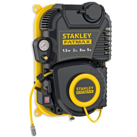 Compresseur Stanley Wall Tech Pro 2L oil-less mural avec moteur monophasé 1,5 CV pour gonflage pneus et petits outils.