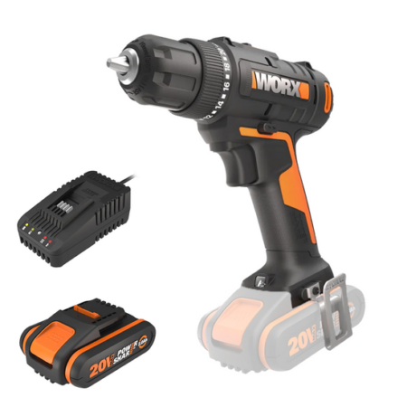Image de la worx wx100 perceuse visseuse à batterie 20V/2Ah, compacte et puissante, idéale pour bricolage et travaux domestiques.