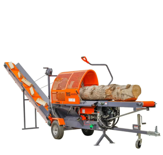 transformateur de bûches convoyeur tmg-gls20 avec moteur Kohler 14 CV et tronçonneuse STIHL 18 pouces pour transformation professionnelle du bois de chauffage.