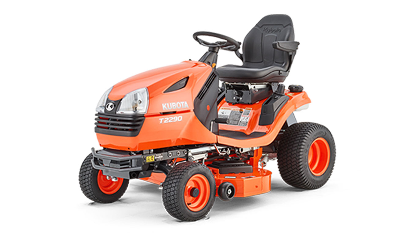 Tracteur tondeuse Kubota T2290KW équipé d'un plateau de coupe large et d'un bac de ramassage pour grands jardins.