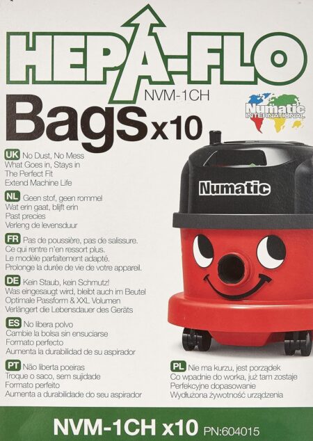 Boîte de dix sacs d'aspirateur Numatic Henry NVM-1CH disposés à côté de l'emballage pour un nettoyage professionnel.